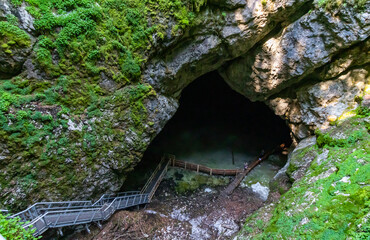 Reconditioned stairs for tourists descending to the underground glacier in the Scarisoara cave in the Apuseni mountains, Romania