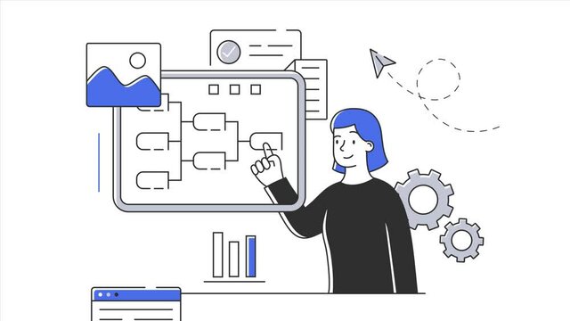 Office worker make scenario analysis presentation with block diagram for meeting. Flat metaphor cartoon concept. Simple style 2d animation with alpha channel isolated on white background.