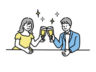 お酒を飲むイラスト(パーティー、乾杯、お祝い、合コン、お見合い、ディナー、カップル、夫婦、ワイン、記念日、オシャレ) Drinking illustration.Party, toast, celebration, gokon, matchmaking, dinner, couple, wine, anniversary, stylish.