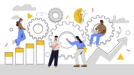 Rotating gears with business people as symbol of teamwork. Leader gives order to staff so they can work as team. Flat cartoon concept. 2d animation with alpha channel isolated on white background.