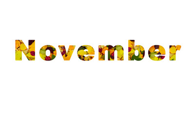 The word November, made up of letters, the background of which is made up of colorful autumn leaves. Yellow, gold, red, orange, fiery, burgundy and green autumn leaves.