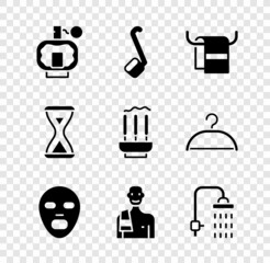 Set Aftershave, Sauna ladle, Towel on hanger, Facial cosmetic mask, Man in the sauna, Shower, hourglass and Incense sticks icon. Vector