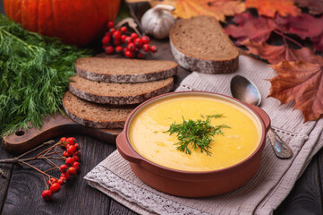 Homemade cream pumpkin soup. 