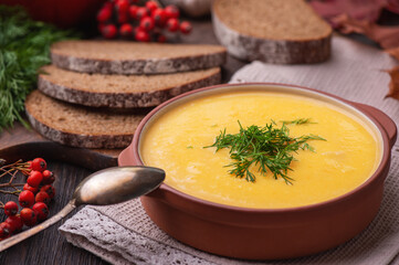 Homemade cream pumpkin soup. 