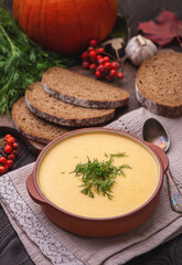 Homemade cream pumpkin soup. 