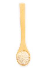Top view of uncooked dry rice in wooden spoon isolated on white.	