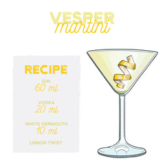 Hand Drawn Colorful Vesper Martini Summer Cocktail. Drink with Ingredients