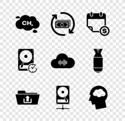 Set Methane emissions reduction, Refund money, Financial calendar, Folder upload, Hard disk drive sharing network and Head silhouette with cloud icon. Vector
