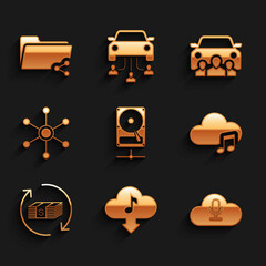 Set Hard disk drive on sharing network, Cloud download music, Music streaming service, , Refund money and Network icon. Vector