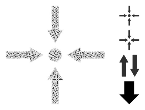 Vector meeting point arrows collage is constructed from randomized recursive meeting point arrows parts. Recursive collage from meeting point arrows.