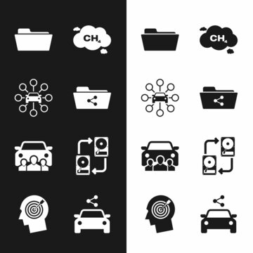 Set Share folder, Car sharing, Folder, Methane emissions reduction, and Data exchange with hhd icon. Vector