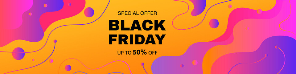 Modern background with abstract flowing elements and dynamic geometric shapes. Black friday sale discount. Final sale up to 50% off. Special offer. Banner, vector illustration.