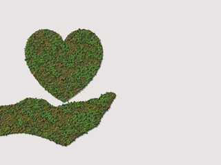World kindness day concept. 3D hand and love shape isolated with white background. Nature, forest and environment day.