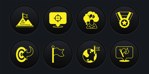 Set Target, Medal, Flag, Planet with flag, Man holding, and Mountains icon. Vector