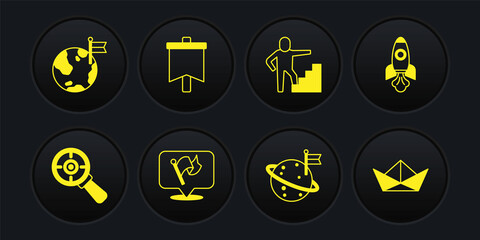 Set Target with magnifying glass, Rocket ship, Flag, Moon flag, Stair finish, Folded paper boat and Planet icon. Vector