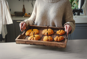 Woman hold desk with pumpkin cookies at kitchen