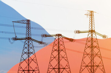 Double exposure - power line, tower and flag Czech Republic