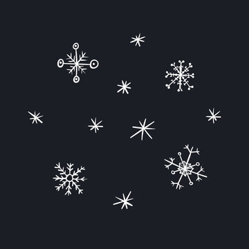 Cute cartoon white Christmas snowflakes for new year design, labels, coloring books, kids apps, greeting cards, pattern