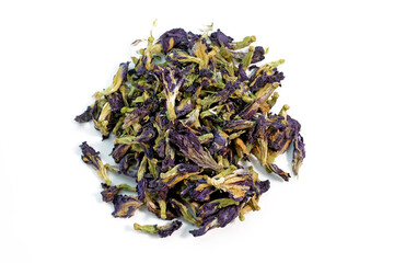 Anchan dry on a white background top view. Anchan, also known as blue tea, is the dried buds of the herbaceous vine Clitoria ternatea