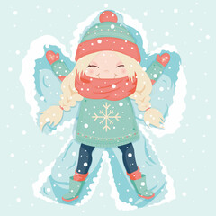 Young woman enjoy first snowfall. Happy blond girl lying in snow on back and moving arms and legs flat vector. Making angel in the snow. Christmas card