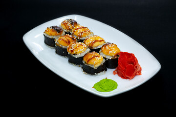 Japanese Cuisine - Sushi and Rolls with Seafood, Vegetables, Cream Cheese