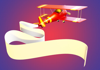 plane flying away into distance. Airplane on red-purple background. Red biplane back view. Flying...