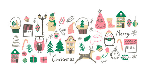 Collection of vector Christmas elements. modern boho minimalism. Merry christmas and new year. Winter stickers for design.Lots of drawings.