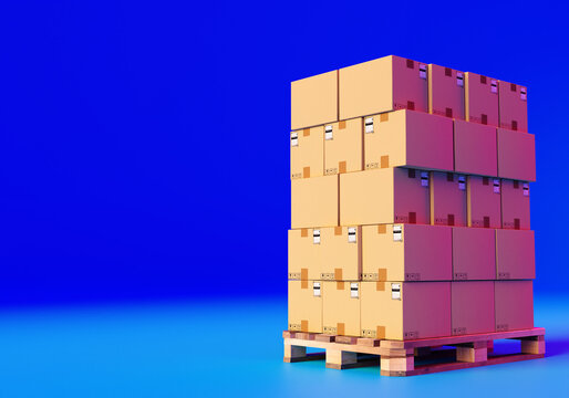 Boxes on pallet. Wooden pallet with many boxes. It symbolizes logistics processes. Order fulfillment process in business. Warehouse paddon on blue background. Groupage cargo metaphor. 3d rendering.