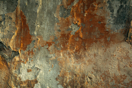 The texture of old crumbling plaster with paint on the wall.