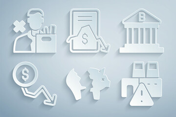 Fototapeta premium Set Broken piggy bank, Bank building, Dollar rate decrease, Shutdown of factory, Mobile stock trading and Employee dismissal icon. Vector