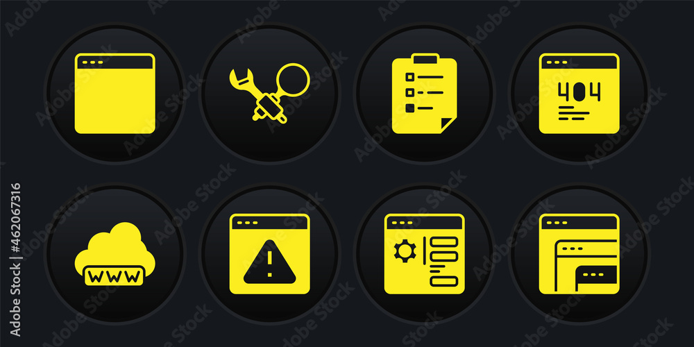 Wall mural set web development, page with a 404 error, browser exclamation mark, setting, clipboard checklist, 