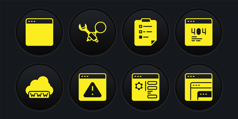 Set Web development, Page with a 404 error, Browser exclamation mark, setting, Clipboard checklist, Debugging, Software and window icon. Vector