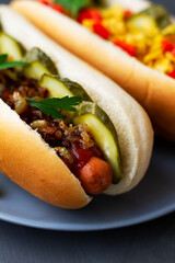 hot dog with mustard.close-up danish Hot dog with pickles, fried onions, sauce and ketchup on a wooden tray in a restaurant. hot dog on the grey plate. Fast food concept with copy space. vertical