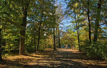People walking in an autumn park, Otwock Wielki, southeast of Warsaw, Mazovia, Poland