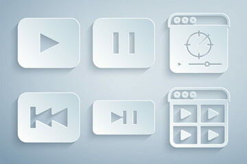 Set Pause button, Online play video, Rewind, Music playlist, and Play icon. Vector