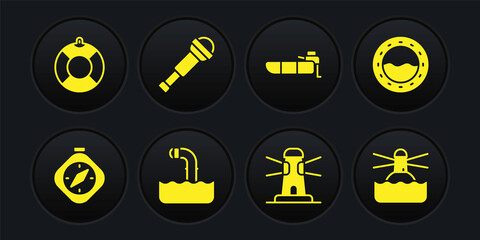 Set Compass, Ship porthole, Periscope, Lighthouse, Inflatable boat with motor, Spyglass telescope lens, and Lifebuoy icon. Vector