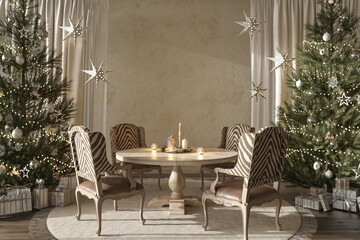 Christmas tree with toys and gifts decorate modern interior scandinavian farmhouse style. 3d rendering illustration dining room with table.
