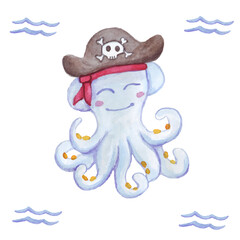 Watercolor octopus. Vector illustration. Octopus pirate.