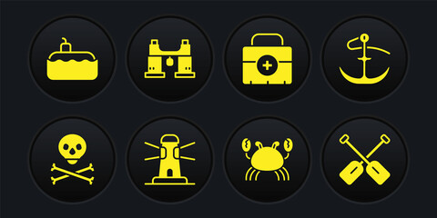 Set Skull on crossbones, Anchor, Lighthouse, Crab, First aid kit, Binoculars, Paddle and Submarine icon. Vector