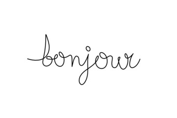 Calligraphic inscription of word "bonjour" as continuous line drawing on white  background © suns07butterfly