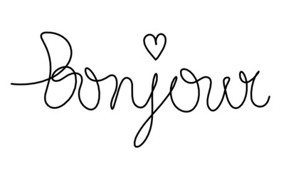 Calligraphic inscription of word "bonjour" as continuous line drawing on white  background © suns07butterfly