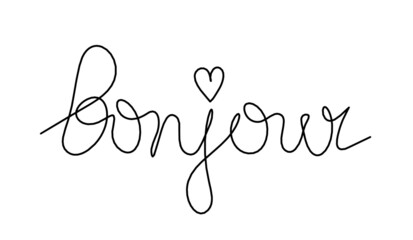 Calligraphic inscription of word "bonjour" as continuous line drawing on white  background © suns07butterfly