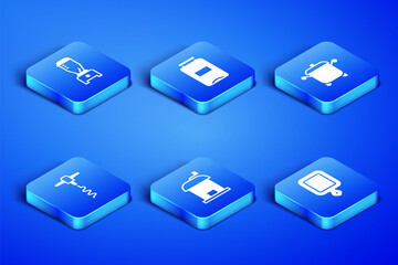 Set Cutting board, Blender, Manual coffee grinder, Wine corkscrew, Jam jar and Cooking pot icon. Vector