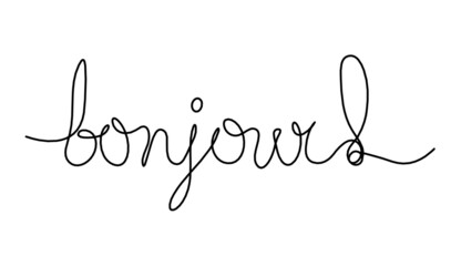 Calligraphic inscription of word "bonjour" as continuous line drawing on white  background © suns07butterfly