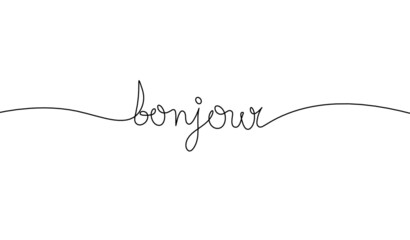 Calligraphic inscription of word "bonjour" as continuous line drawing on white  background © suns07butterfly