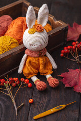 Handmade crocheted bunny, amigurumi toy.