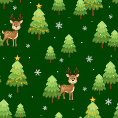 Obraz na płótnie Canvas Seamless Christmas pattern. Cute deer, Christmas trees, stars and snowflakes. New Year and Christmas holidays, New Year's decor for home and clothes