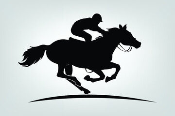 Obraz na płótnie Canvas Vector illustration of race horse with jockey. Black isolated silhouette on white background. Equestrian competition logo. vector image.