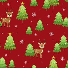 Seamless Christmas pattern. Cute deer, Christmas trees, stars and snowflakes. New Year and Christmas holidays, New Year's decor for home and clothes