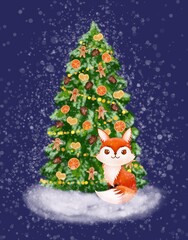 Christmas illustration with christmas tree with natural toys and fox. Illustration for postcard, banner.